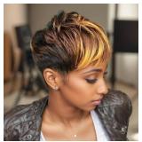 BeiSD Ombre Blonde Black Hair Wig Short Pixie Cut Wigs with Blonde Bangs Ombre Short Hairstyles for Black Women