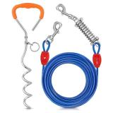 Petbobi Dog Tie-Out Cable and Stake - 30FT Heavy Duty Cable with Spring - No Tangle, 16-inch Ground Stake - Ideal for Yard, Camping, and Beach - Suitable for Medium to Large Dogs Up to 120 lbs, Blue