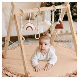 Wooden Baby Play Gym Play Mat Set, Baby Gym with 6 Hanging Sensory Toys Foldable Playgym for Infants Frame Activity Center Hanging Bar for Newborn Shower Gift