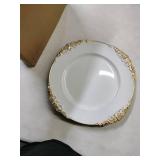 Okllen 12 Pack Plastic Round Charger Plates, 13" Dinner Charger Dessert Plates with Gold Rim, Vintage Charger Serving Plates for Catering, Wedding, Tabletop Decor, White, Floral Trim