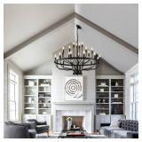 Black Chandelier 24 Light, Modern Farmhouse Chandelier for Dining Room, Round Industrial Candle Chandeliers Light, Wagon Wheel Chandelier 39in 3-Tier for Hallway, Living Room, Foyer, Island Lights