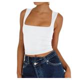 Dressmine Women Sexy Square Neck Strappy Double Lined Seamless Sleeveless Summer Cropped Tank Crop Tops White X-Large