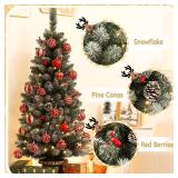 Decoway 4ft Christmas Tree Pre-Lit Artificial Mini Christmas Tree with Gold Pot Base, Flocked Snow 70 Warm White Led Lights Pine Cones Red Berries, for Entrances, Home Decorations Holiday Decor