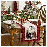 Artoid Mode Watercolor Red and Black Buffalo Plaid Christmas Trees Merry Xmas Table Runner, Seasonal Winter Holiday Kitchen Dining Table Decoration for Indoor Outdoor Home Party Decor 13 x 72 Inch