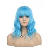 eNilecor Blue Wig Short Curly Bob Wigs with Air Bangs 14" Natural Colored Synthetic Wigs for Women