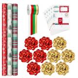 2 New Hallmark Rustic Red and Green Christmas Wrapping Paper Sets (180 sq. ft. ttl, 20 Bows, 8 Ribbon Colors, 80 Gift Tag Stickers Total) Snowflakes, Trees, Plaid