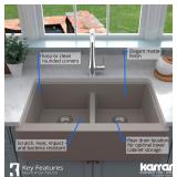 New Karran Farmhouse Apron Front Quartz 34”x21-1/4”x9” Double Bowl Kitchen Sink Kit w/ Extra Accessories QA-750-CN, Concrete