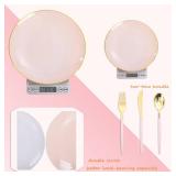 Liacere 150PCS Pink Plastic Plates Gold Plastic Silverware with Pink Handle   Pink Disposable Plates Include 30 Guests Plates, Forks, Spoons, Knives for Wedding & Party