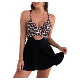 B2prity Women Cutout One Piece Skirt Swimsuit V Neck Wrap Tie Back Swimdress Tummy Control Bathing Suits XL