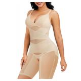 REYEOGO Bodysuit Shapewear for Women Tummy Control Butt Lifter Full Body Shaper Seamless Thigh Slimmer Fajas V Neck Camisole Jumpsuit (Beige, X Large)