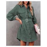 RAISECOM Womens Corduroy Dress Shacket Jacket Shirts Lapel Long Sleeve Belted Casual Spring Fall Button Down Dress Pocket Green