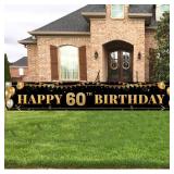 Large Happy 60th Birthday Decoration Banner, Black and Gold Happy 60th Birthday Banner Sign, 60th Birthday Party Decorations Supplies(9.8x1.6ft)