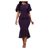 Womens Summer Ruffle Short Sleeve Fishtail Dress Evening Cocktail Formal Peplum Midi Cocktail Mermaid Dresses Elegant   Large