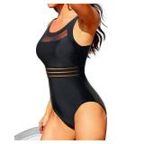 Tempt Me Women One Piece Mesh Swimsuits Tummy Control Swimwear Solid Black S