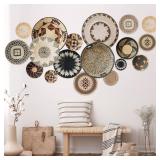 18Pcs Boho Basket Wall Decals Round Wall Sticker Modern Boho Wall Decor Peel and Stick Wall Decor Sticker Removable Boho Wall Stickers Rustic Wall Art for Bedroom Office, Stickers Only (Simple Style)