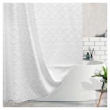 Extra Long White Textured Woven Fabric Boho Shower Curtain with Tassels 72 x 78 Modern Farmhouse Minimalist, Tufted Chevron Striped Shabby Chic, Water Resistant Cloth Curtain for Bathroom, Hotel Decor