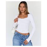 Trendy Queen Womens Going Out Tops Long Sleeve Top Trendy Cute Shirt Y2k Clothing Fall Fashion Clothes 2024 White M