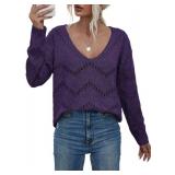 EVALESS Fall Sweaters for Women Business Casual Clothes Womens Fashion 2024 Long Sleeve Crochet Top Loose Knit Sweater for Women Trendy Oversized Winter Sweaters Teacher Outfits Cute Purple Top,Large