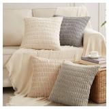 Fancy Homi 4 Packs Neutral Decorative Throw Pillow Covers 18x18 Inch for Living Room Couch Bed Sofa, Rustic Farmhouse Boho Home Decor, Soft Plush Striped Corduroy Square Cushion Case 45x45 cm