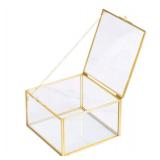 Golden Square Vintage Brass & Clear Glass Decorative Box Home Decor, Small Jewelry Case Box Organizer with Latching Lid, 5x5x3in