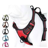 JUXZH Soft Front Dog Harness .Best Reflective No Pull Harness with Handle and 2 Leash Attachments Red