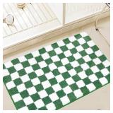 Checkered Bath Mat Green White Bathroom Rugs Moroccan Checkerboard Rug Non Slip Doormat Water Absorbent Bath Rug Soft Microfiber Machine Washable Floor Mats for Tub Bathroom Indoor