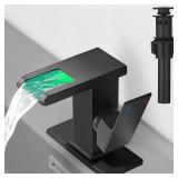 Hoimpro LED Waterfall Bathroom Faucet Matte Black, Single Handle Bathroom Sink Faucet 1 Hole, 3 Colors Light Changing Vanity Faucet, with Pop-up Drain and cUPC Supply Lines, Stainless Steel