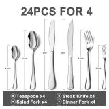 24PCS Silverware Set, Stainless Steel Flatware Set for 4, Food-Grade Tableware Cutlery Set, Steak Knife Fork Spoon Sets for Home Kitchen, Mirror Polished Utensil Sets Dishwasher Safe