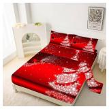 kxry Merry Christmas Fitted Sheet Set Santa Claus Deer Christmas Tree Galaxy Red Bedding Set Full Size for Girls Boys Kids 1 Fitted Sheet + 1 Flat Sheet + 2 Pillow Cases