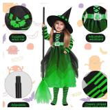 Halloween Fairytale Witch Cute Witch Costume Witch Hat Broom Tutu Striped High Stockings for Kids Girls (Green, Small)