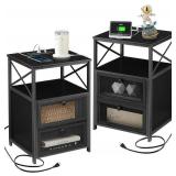 VECELO Black End Table Set of 2 with USB Ports and Outlets,24Inch Nightstands with Charging Station and Storage Shelf for Bedroom,Living Room