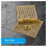 Elefloom Square Shower Drain, Gold Shower Drain 6 inch with Flange and Removeable Grate Cover, AISI 304 Stainless Steel Gold Shower Floor Drain with Hair Catcher and Flange