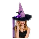 PIGKANG Halloween Women Purple Witch Hat with LED Lights Costume Gauze Feathers Sequins Decoration Light up Hats for Festival Carnival Party