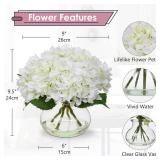 Hollyone Hydrangea Artificial Flowers with Vase White Silk Fake Flowers Arrangements in Glass Vase with Faux Water for Home Bathroom Office Table Centerpiece Shelf Decorations