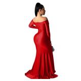 Womens Sexy Off Shoulder Long Sleeve Maxi Dress High Split Formal Wedding Cocktail Prom Evening Gown XL