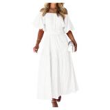 MASCOMODA Summer Dresses for Women 2024 Maxi Off The Shoulder Short Puff Sleeve Smocked A Line Flowy Long Dress(White,Medium)