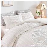 WARMDERN White Boho Duvet Cover Set Queen Size, Striped Textured Tufted Bedding Set, 3 Pcs Ultra Soft Washed Microfiber with Zipper Closure (Queen, White)