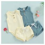 Ledy Champswiin Summer Newborn Baby Boy Girl Clothes Solid Color Knit Sleeveless Romper Tops Shorts Infant Unisex Waffle Outfit Set (Sleeveless Waffle Blue, 3-6 Months)