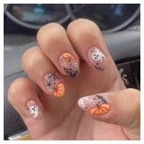 Halloween Almond Press on Nails Short Fake Nails Full Cover Cute Pumpkin Spider False Nails with Spider Web Little Ghost Designs Acrylic Nails Glossy Glue on Nails for Women Nail Art DIY 24 Pcs