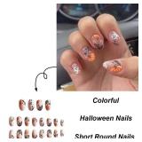 Halloween Almond Press on Nails Short Fake Nails Full Cover Cute Pumpkin Spider False Nails with Spider Web Little Ghost Designs Acrylic Nails Glossy Glue on Nails for Women Nail Art DIY 24 Pcs