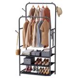 Furologee Double Rods Clothing Garment Rack with 3-Tier Storage Shelf,Clothes Rack for Hanging Clothes with 4 Side Hooks,Metal Frame Clothes Organizer for Bedroom,Living Room,Black