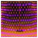 WATERGLIDE Outdoor Halloween Net Lights, 12FT x 5FT 360 LED Fairy String Light with 8 Lighting Modes, Connectable Light Safe Adaptor for Garden Tree Bushes Holiday Party Decorations, Orange & Purple