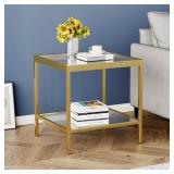 2 Tier Square End Table Side Table with Tempered Glass Top and Gold Metal Frame Modern Night Stand for Small Spaces Side Table with Storage for Living Room Bedroom