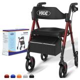 VOCIC Walkers for Seniors,Foldable Walker with Seat,Rollator Walker with Durable Aluminum,8" Big Wheels for All Terrain, Ergonomic Seat and Backrest,Dual Adjustable Height Rolling Walker| Gloria Red