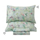 QSH Green Floral Queen Size Sheet Sets - Green Flower Bird Butterfly Print Botanical Bedding Egyptian Cotton Printed Sheets Queen Size Bed Extra Soft and Breathable