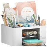 Marbrasse Pen Organizer with 2 Drawer, Multi-Functional Pencil Holder for Desk, Desk Organizers and Accessories with 5 Compartments + Drawer for Office Art Supplies (White)