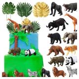 18 Pcs Jungle Animal Cake Toppers 12 Realistic Wild Forest Animals Figures 6 Artificial Palm Leaves Decor for Jungle Theme Birthday Party Favors