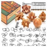 Brain Teaser Wooden Metal Puzzles - Stocking Stuffers Brain Teaser Disentanglement Iron Link Unlock Interlock Game Chinese Ring Magic Trick Toy for Party Favor Kids Adults Challenge 32pack