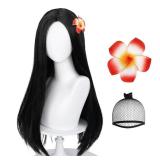 Long Straight Black Kids Wig with Flower Hair Clip, Wigs for Girls Kids Toddler Cosplay Synthetic Hair + Hair Net for Halloween Party Daily Costumes