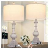 White 26" Farmhouse Table Lamps Set of 2, Rustic Touch Control Bedside Lamps with 2 USB Ports & AC Outlet, Vintage Resin 3-Way Dimmable Nightstand Lamp Linen Fabric Shade for Living Room Bedroom Decor